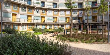 Social housing complex with green garden 