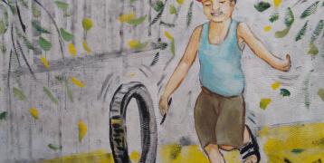 Painting of boy playing with wheel