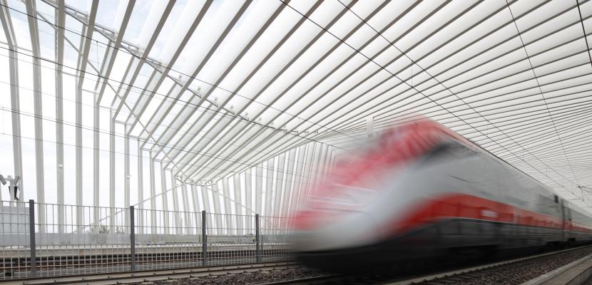 Blurry fast moving train through station