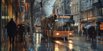 Bus driving through rainy shopping street