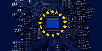 EU flag on electric circuit and a chip in the middle