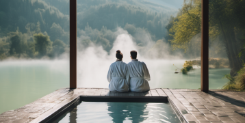 two people wearing bathrobes sitting at a thermal pool looking at nature and steaming water